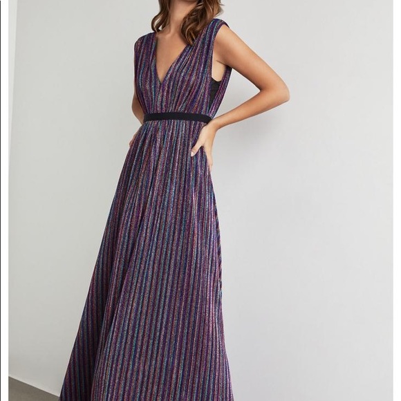 bcbg metallic stripe pleated gown